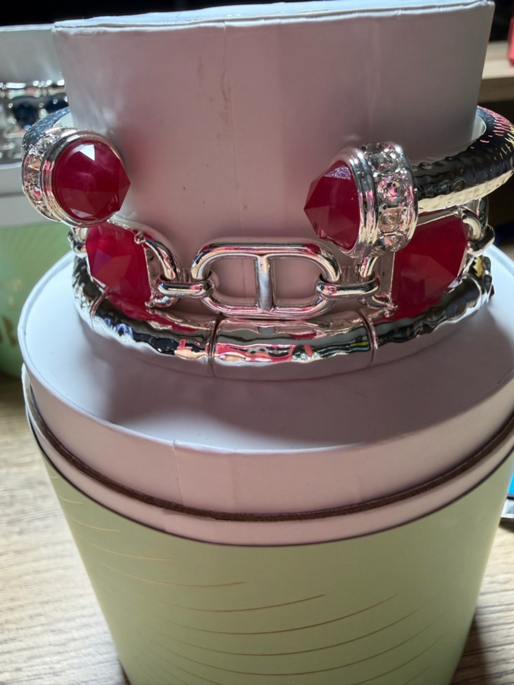 Silver Cuff Bracelet with Bright Pink Gemstones
